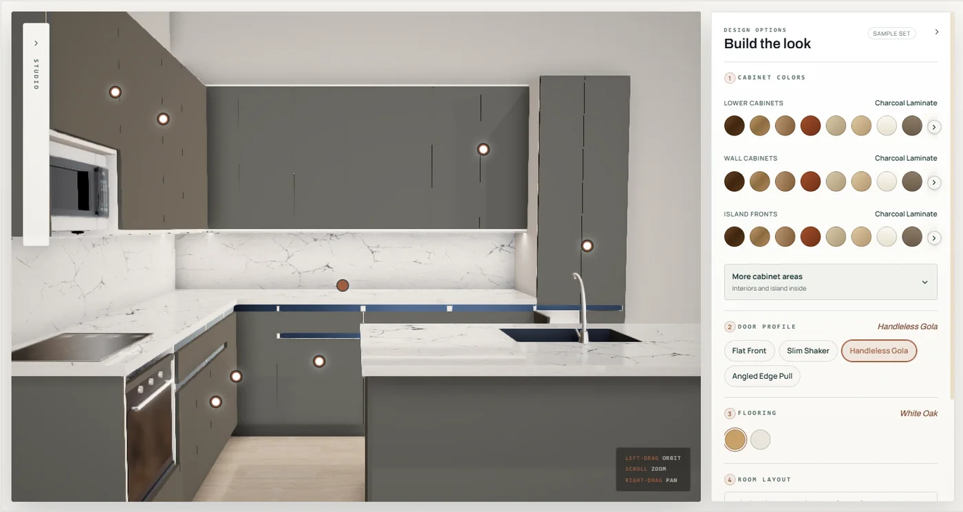 Evita 3D Visualizer front view showing a kitchen cabinet model with finish and door profile controls